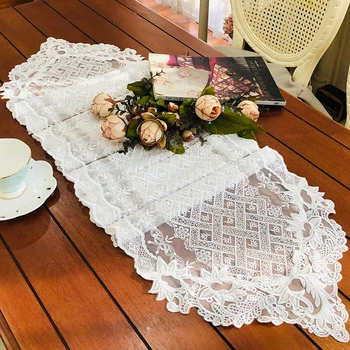

European luxurious Home cloth white Geometric patterns embroidery Lace tablerunner tablecloth table cover