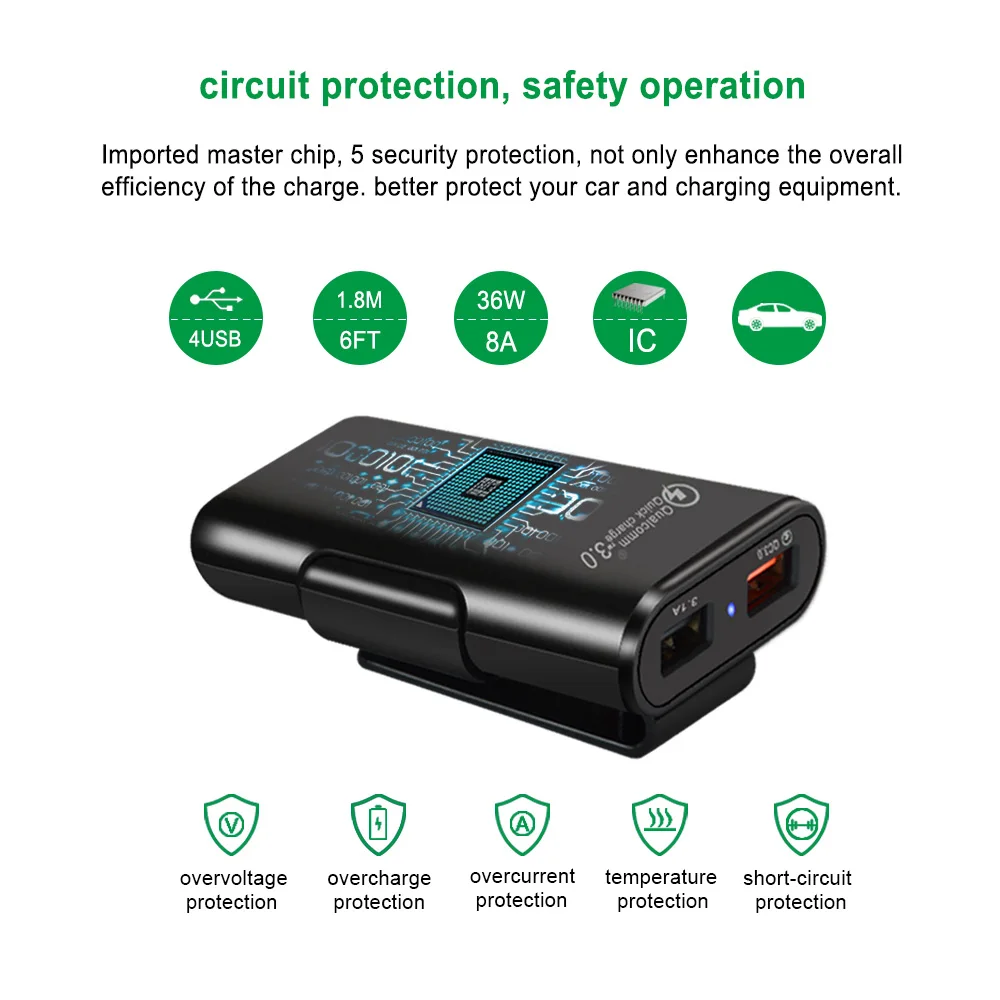 Зарядное устройство 4 Порты и разъёмы USB QC 3,0 Автомобиля Зарядное устройство для спереди на заднем сиденье с кабель-удлинитель для samsung S7/S7 край Xiaomi 5