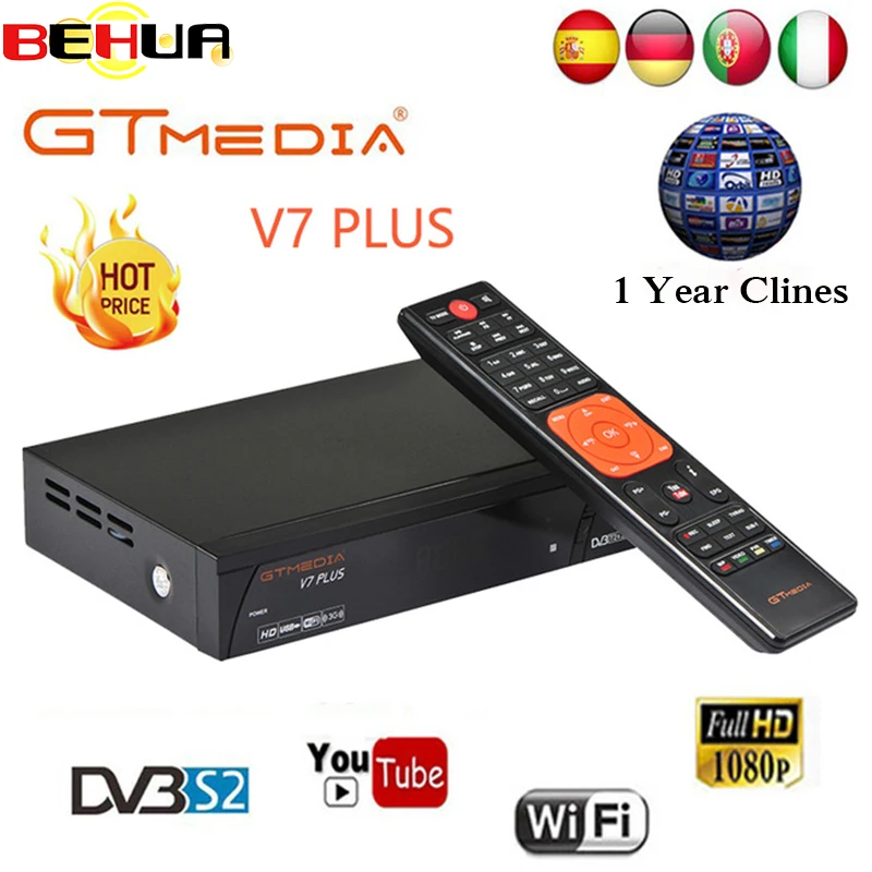 1 год Европа 7 Клайн сервер GTMedia V7 плюс HD цифровой спутниковый ресивер H.265 DVB S2 + T2