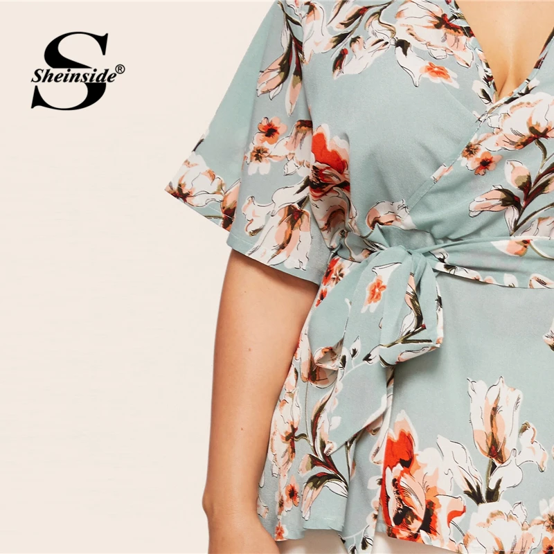 Sheinside размера плюс Повседневная Цветочная женская блузка с v-образным вырезом летняя блуза с поясом с рукавом три четверти