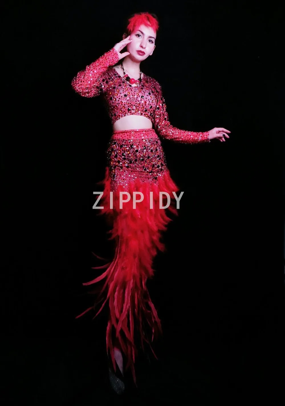 

Red Rhinestones T-shirt Feather Long Skirt Birthday Celebrate Clothes set Prom Party Bar Women Dancer Outfit Set