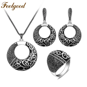 

Feelgood Antique Silver Color Jewellery Set New Fashion Black Rhinestone And Enamel Ethnic Vintage Jewelry Sets For Women