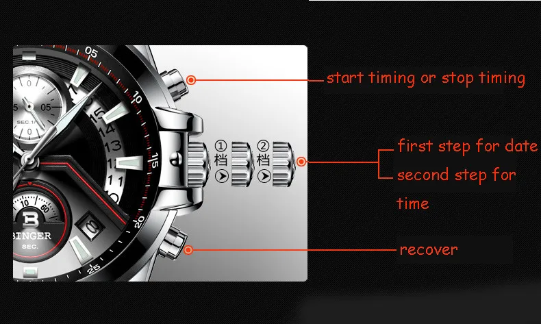 2018 мужские часы Роскошный топ бренд Binger большой циферблат дизайнерский хронограф водонепроницаемые кварцевые наручные часы из