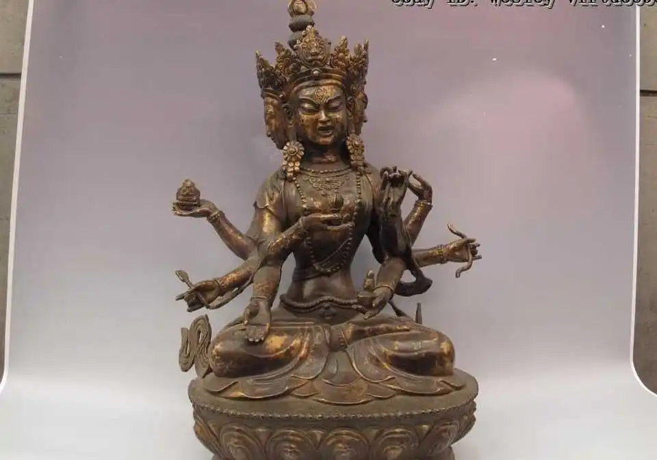 

Tibet Buddhist Bronze Copper Three Face Eight Arm Kwan-yin Boddhisattva statue