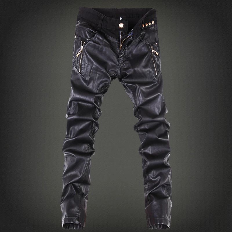 Трендовые новые черные тонкие кожаные штаны, кожаные штаны на молнии, модные Молодежные мотоциклетные кожаные брюки, мужские