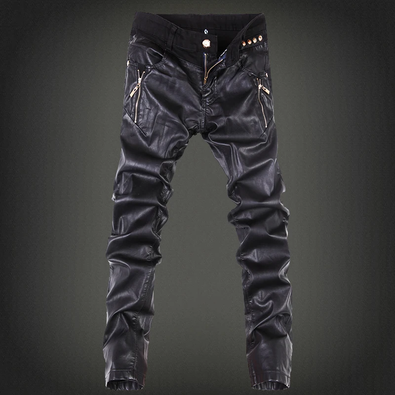 trend new black Slim leather pants personality zipper stitching leather pants fashion youth motorcycle male