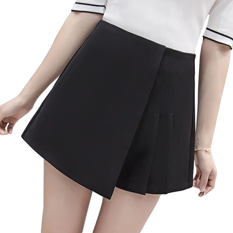 

Solid color high waist pleated skirt shorts 2019 spring summer irregular wide leg shorts for women ladies slim short pants