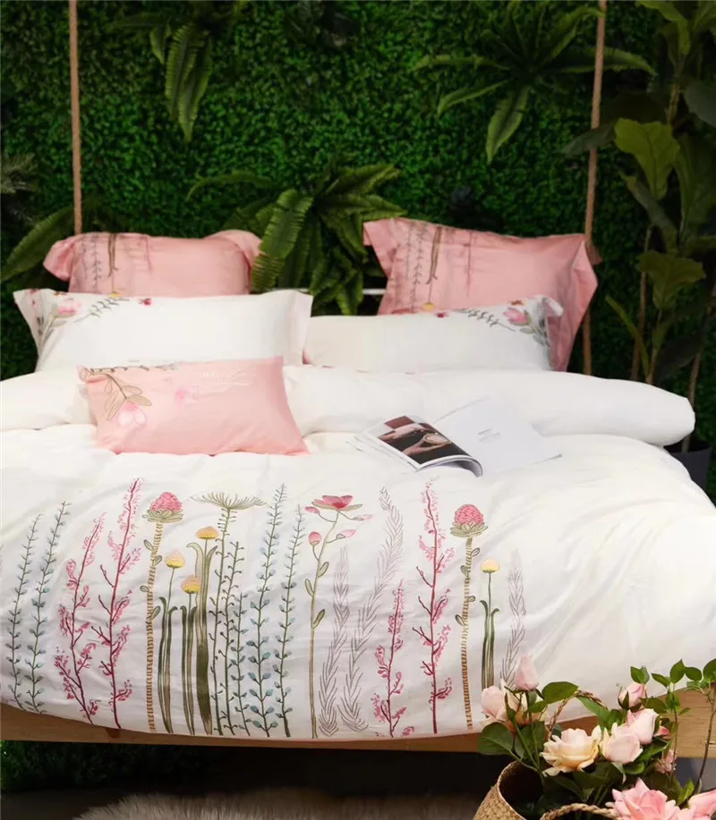 

white/Pink Flowers Embroidery luxury 60S Egyptian cotton Bedding set Duvet Cover Bed Linen Bed sheet Pillowcases Queen King Size