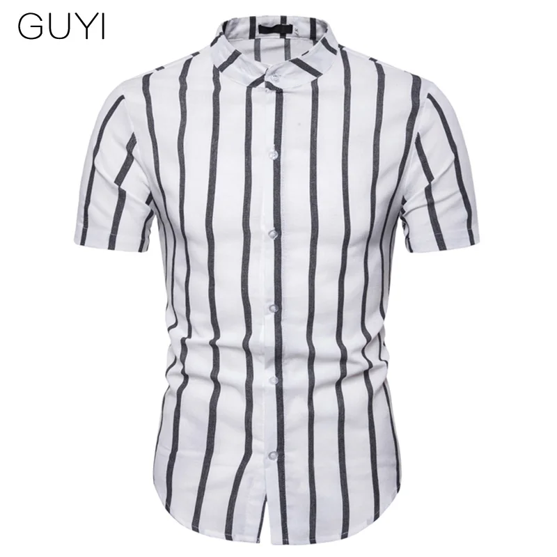 GUYI/3 цвета, повседневные рубашки в Вертикальную Полоску, мужские рубашки с воротником-стойкой и коротким рукавом, мужские повседневные