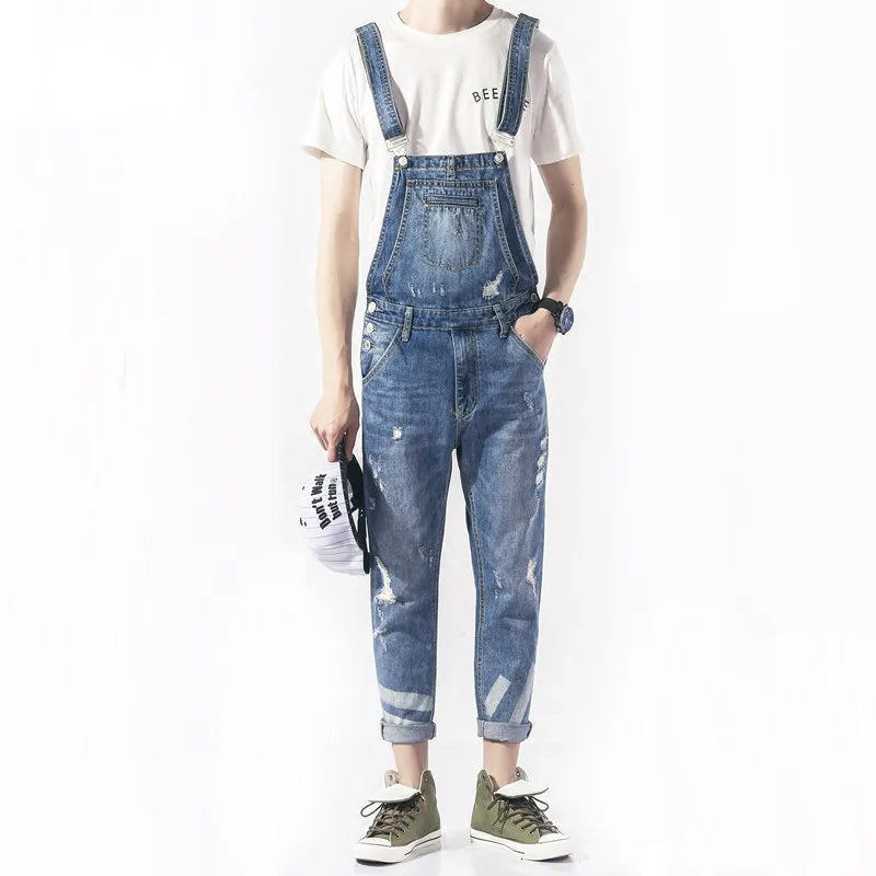 

KCAE 2017 New Mens Bib Overalls Fashion Ankle Length Denim Overalls Men Light Blue Ripped Jeans Male Denim Jumpsuit