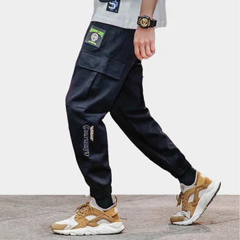 

Letter Embroidery Cargo Pants Men 2019 Spring Autumn Fashion Trousers Male Multi-pockets Drawstring Harem Joggers