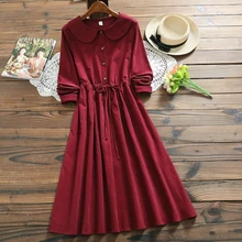 Vestido largo japonés Mori de otoño para mujer, vestido de Peter Pan con cuello rojo vino, bonito vestido Vintage, vestido elegante Kawaii de pana para mujer, vestido Midi