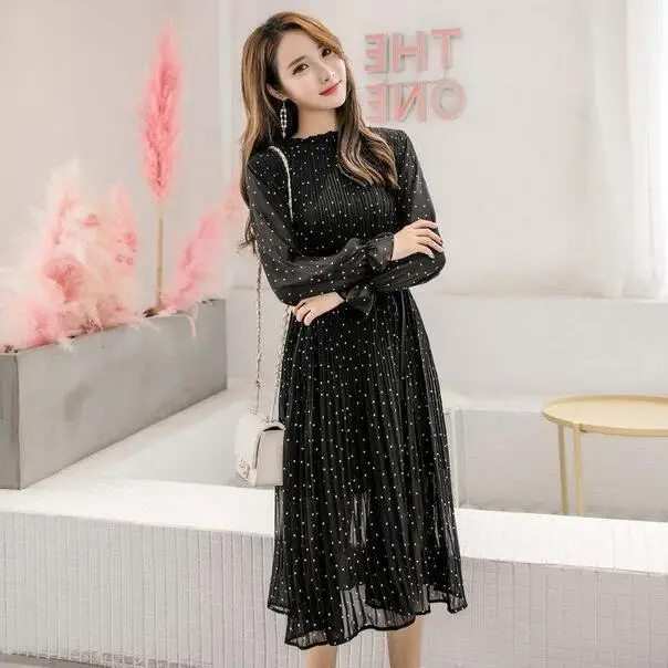 

Spring Autumn Lady Long Chiffon Dress 2019 Women Long Sleeved Polka Dot Pleated Dresses Black Vintage Clothes DC848