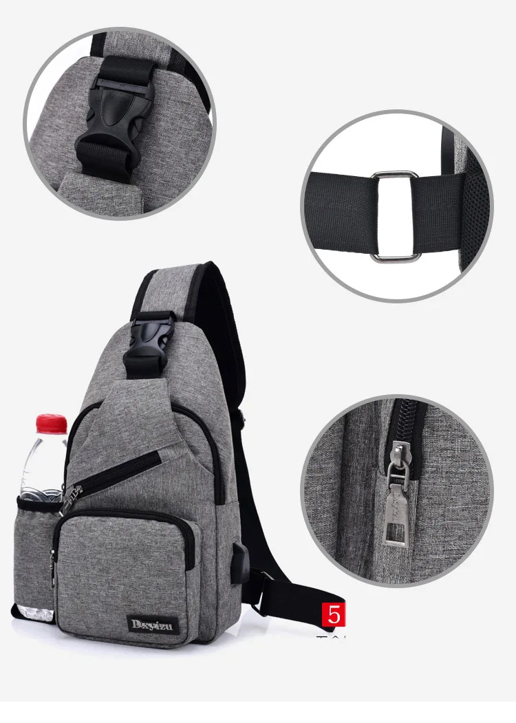 Нагрудная сумка, Мужская Холщовая Сумка на плечо(USB зарядка интерфейс), большая сумка через плечо, Сумка с боковым карманом для бутылки