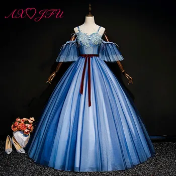 

AXJFU princess navy blue lace evening dress stage vintage boat neck beading flower feather red bow blue lace evening dress