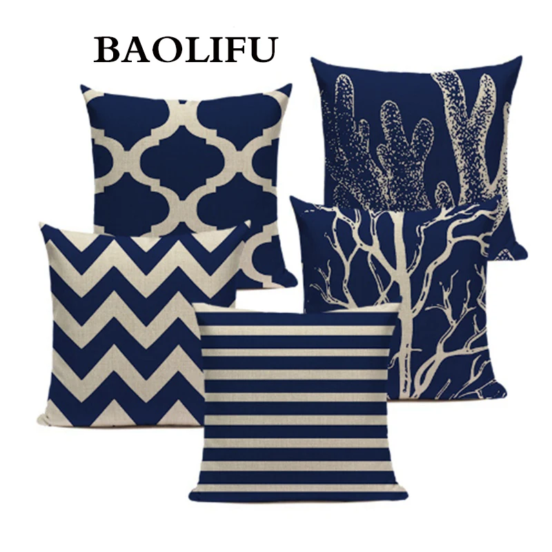 

Ocean Coral Starfish Tree Custom Cushion cover Blue Series Geometric Wavy Stripe Dot Throw Pillows Linen Cotton Pillow Case