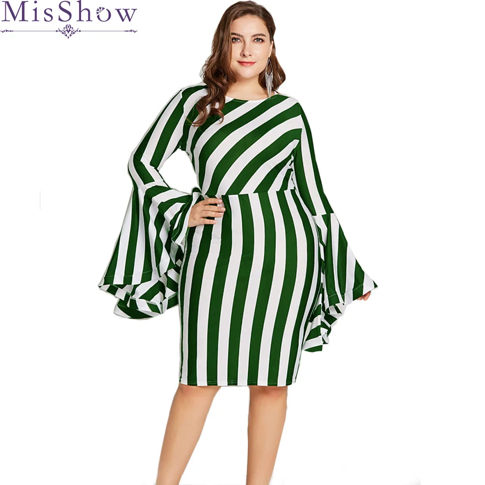 

New Plus Size Dress Women Striped Autumn Elegant Dresses Red Flare Sleeve Office Lady Dress Bodycon Party Dresses Vestidos Robe