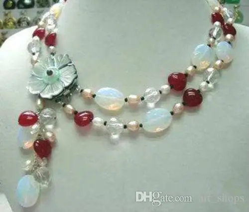 

Fashion 2Rows White Pearl Moonstone Red new Shell Flower Clasp Necklace >Dongguan girl jewerly Store free shipping