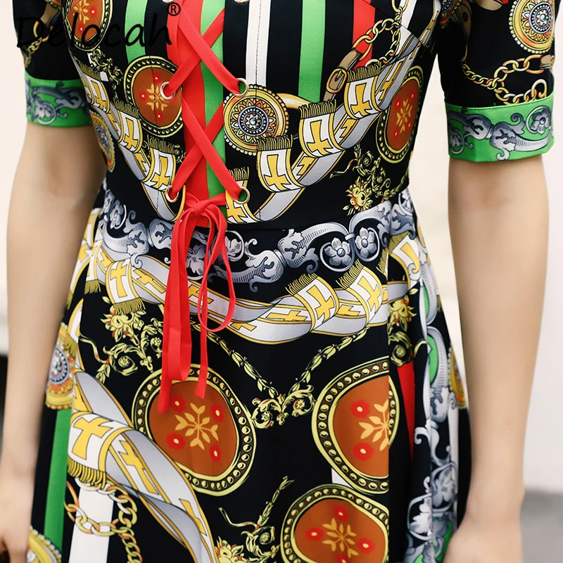 Delocah New 2019 Women Spring Summer Dress Runway Fashion Designer Beading Bow Tie Hollow Out Elegant Vintage Vacation Dresses