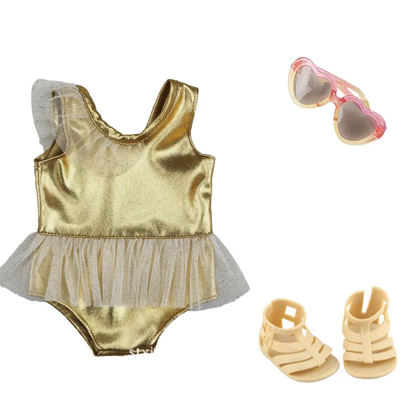 

Clothes For Dolls Fit 18inch Girl Doll 43cm Baby Doll Gold The Jointed Bikini Swimwear +Sunglasses +Sandals