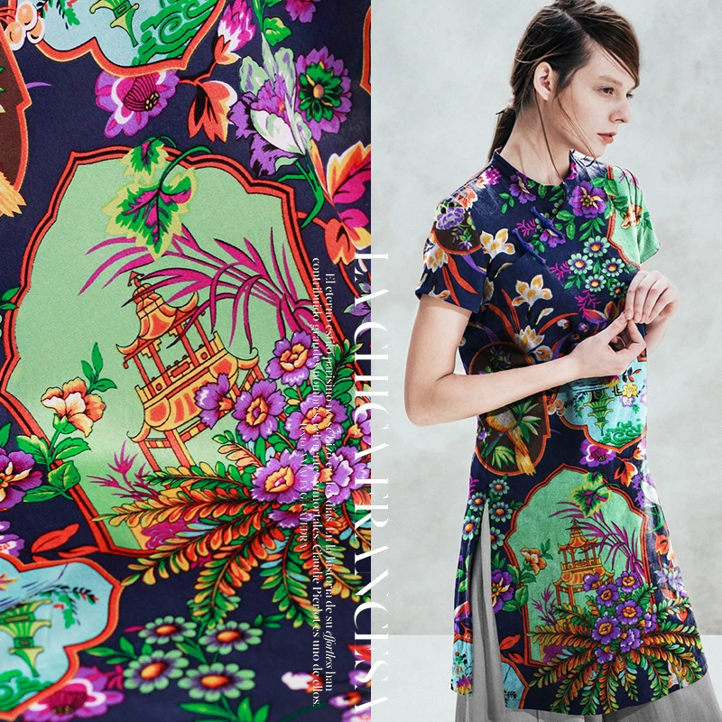 

12momme 110cm width Chinese HangZhou three pools mirroring the moon printed 100% mulberry silk dress cloth fabric garment materi