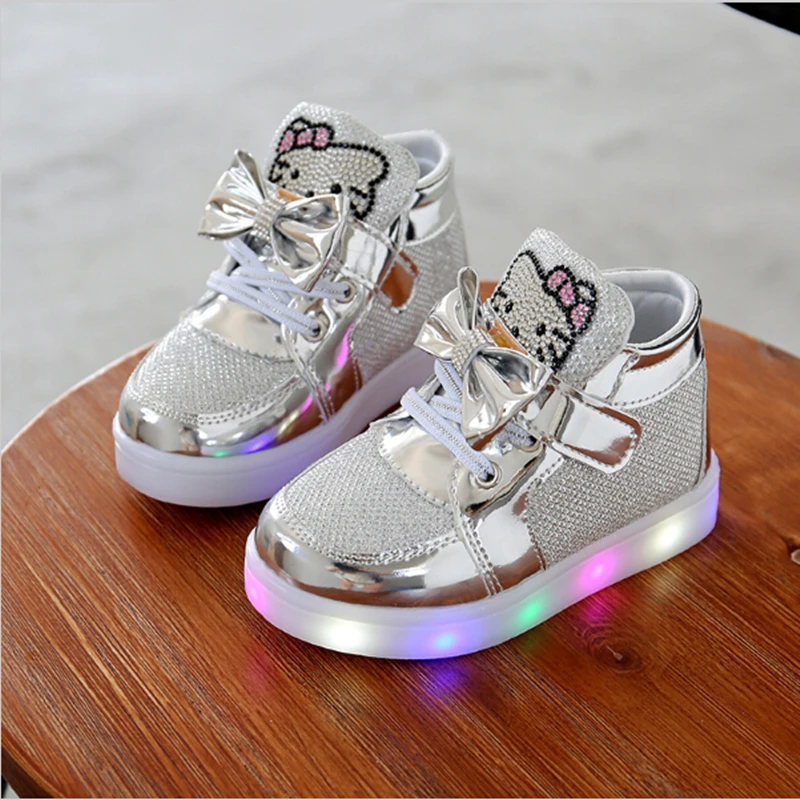 KKABBYII Children Shoes New Spring Hello Kitty Rhinestone Led Shoes