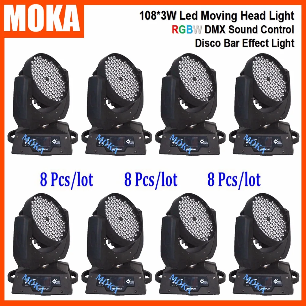 

8PCS/LOT Multi Color White LCD Screen Light Head Moving Stage Light UK US AU Plug Led Moving Head Light With Rainbow Effect