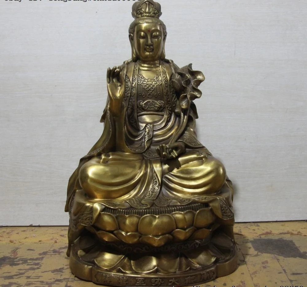 

China Brass Copper Lotus Ruyi Kwan-yin Guanyin Bodhisattva Goddess Buddha Statue