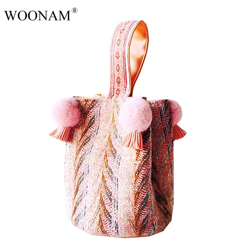 WOONAM New Lady Women Fashion Pure Handmade Multi-color Tweed Mini Bucket Handbag Wrist Bag WB477