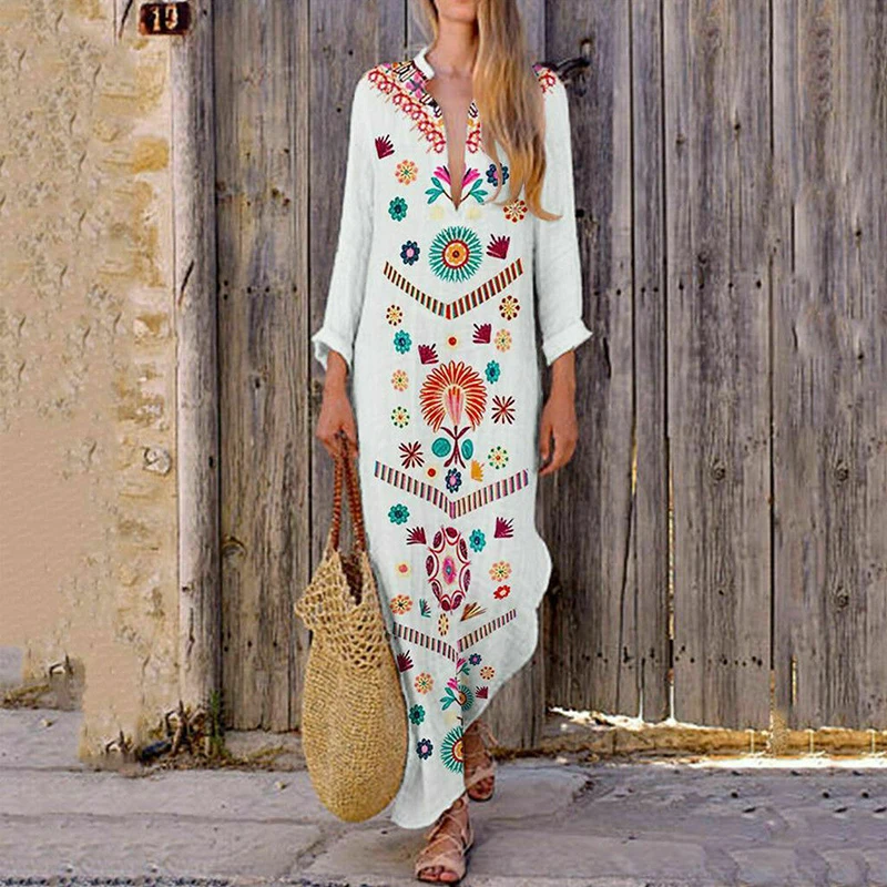 Dress Women's Kaftan Long Sleeve Dress Plus Size Maxi Long Shirt Dresses Women Woman Bohemian Kaftan Tunic Dresses Vestidos