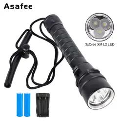 Asafee 6000Lm водостойкий 26650 18650 3x Cree XM-L2 светодиодный фонарик для дайвинга с батареей и зарядным устройством