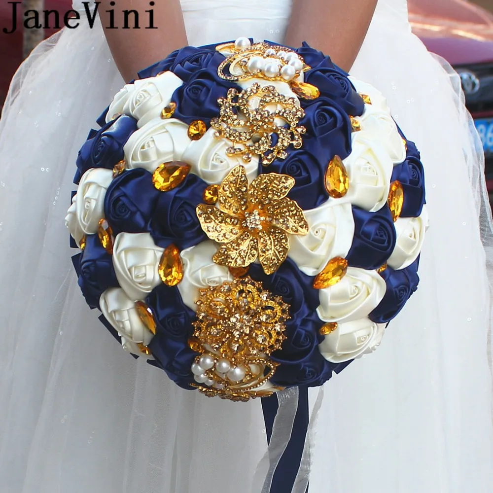 JaneVini Роскошные атласные розы Букет невесты темно-синий свадебный букет с золото хрусталь алмаз Искусственный Свадебный букет