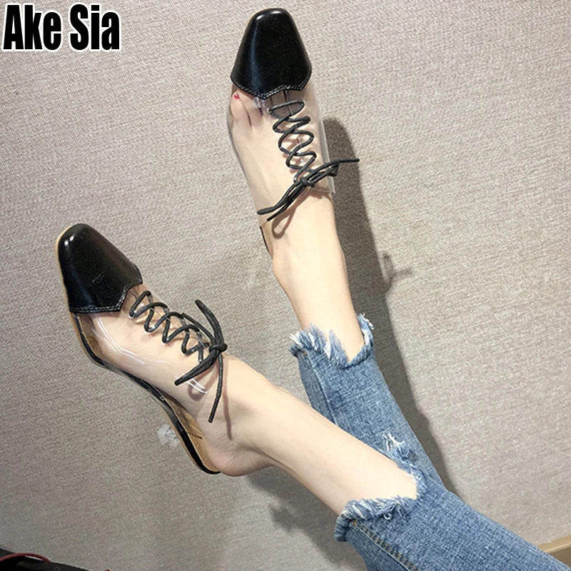 

Hyaline Slim Fashion Casual Women Female Lazy Lace Up Shoelace Babouche Slipper Med Chunky Heels Loafers Mules Slides Shoes A540