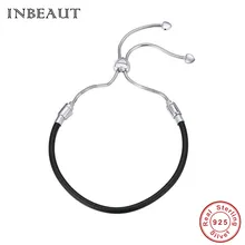INBEAUT 925 пробы серебро натуральная кожа Регулируемая цепь ручной работы черный браслет-веревочка для женщин и мужчин пара ручной работы ювелирные изделия подарок