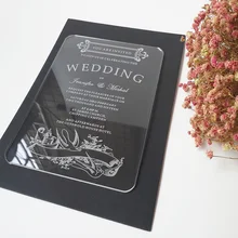 Pedido de muestra para invitaciones de boda acrílicas transparentes con forma rectangular de elementos de golondrina Vintage de 5*7 pulgadas