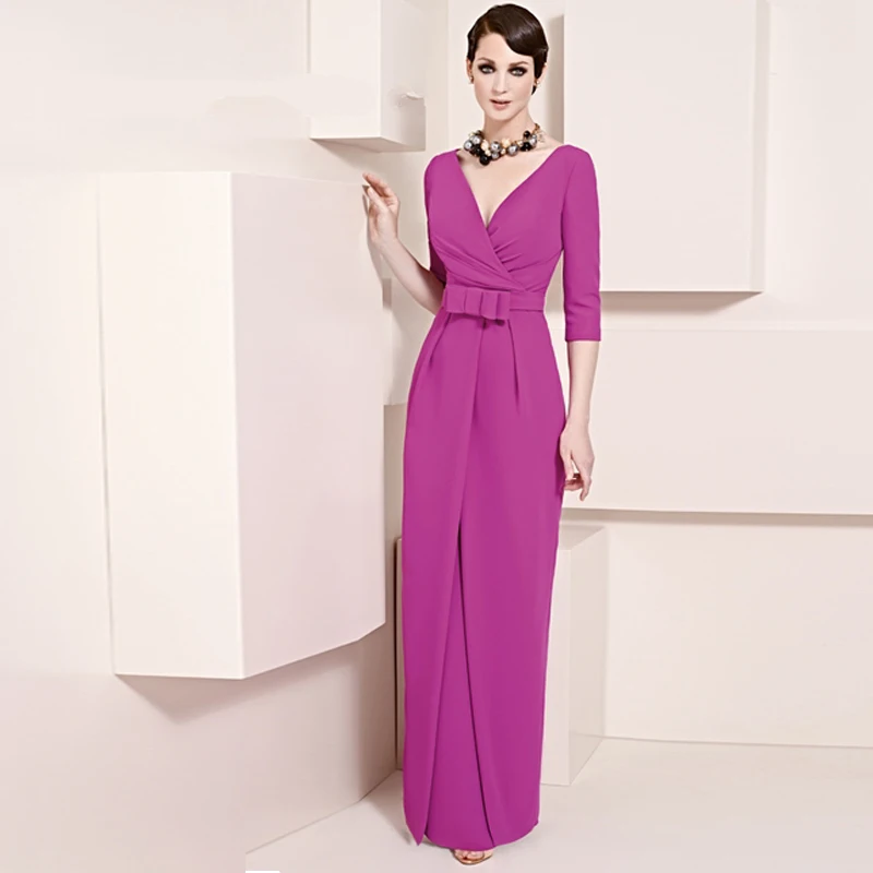 

Hot Selling Purple V neck 3/4 sleeve long mother of the bride dresses with bow floor-length vestido para mae da noiva MMBD52