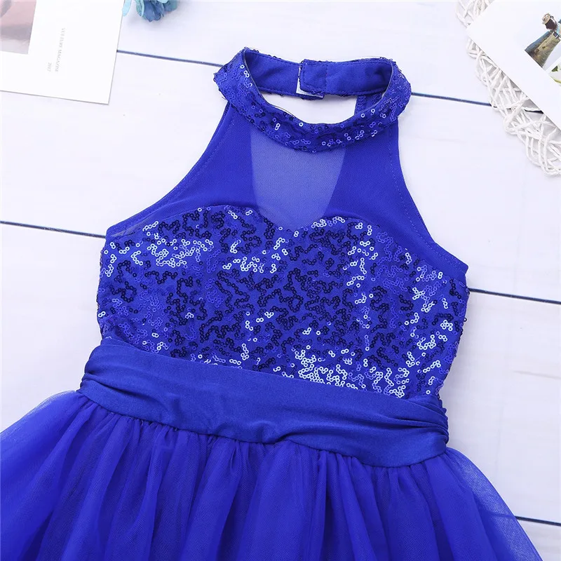 Kids Girls Mock Neck Ballet Dance Dress Gymnastic Leotard Shiny Sequins Sleeveless Mesh Splice Ballet Leotard Flower Girls Dress