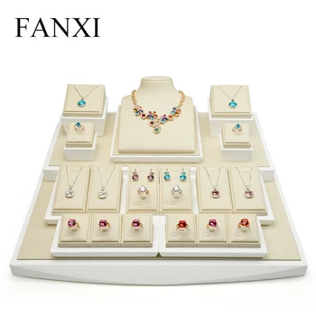 

FANXI PU Leather Full Set Display Stand with Solid wood for Counter Showcase Ring Earrings Necklace Holder Display Prpos