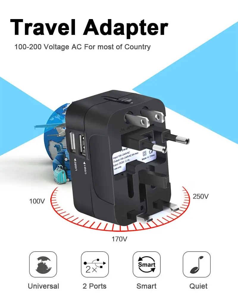 Universal Worldwide Travel Plug Adapter uk eu Adaptor Wall Socket USB Dual Charger Ports For for USA EU UK AUS Cell Phone Laptop