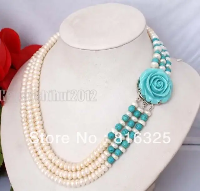 

>>Fashion 3 rows white freshwater pearl turquoise&Resin flower clasp necklace