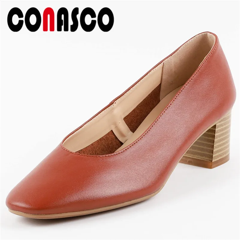 

CONASCO Retro Women High Heels Pumps Slip On Genuine Leather Wedding Party Shoes Woman Ladies Elegant Office Pumps Shoes