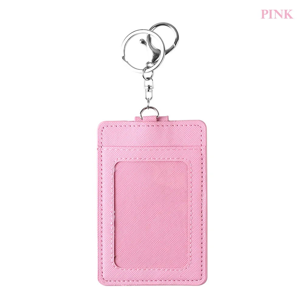 New Unisex Portable ID Card Holder Bank Bus Cards Cover Badge Case Office Work Keychain Keyring Tool Protective Shell - Цвет: Розовый