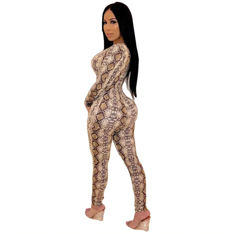 عميق V الرقبة الأفعى طباعة مثير بذلة المرأة كم طويل نحيل كامل داخلية طويلة السراويل ضمادة Bodycon ثوب فضفاض للمرأة بذلة