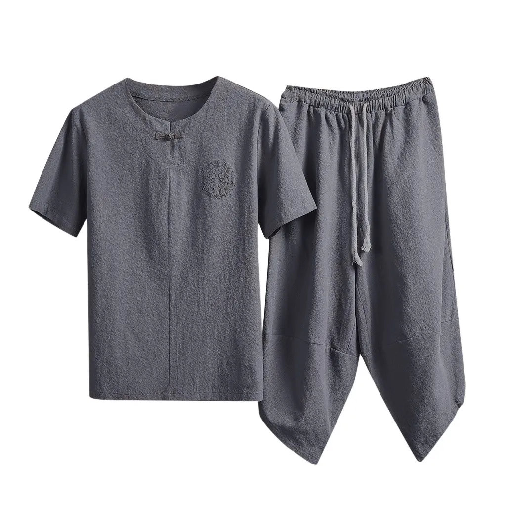 Gray KLV мужские комплекты, мужские летние модные льняные укороченные брюки с коротким рукавом, костюм, спортивный костюм, одежда высокого качества, горячая Распродажа 9516 - Цвет: Gray