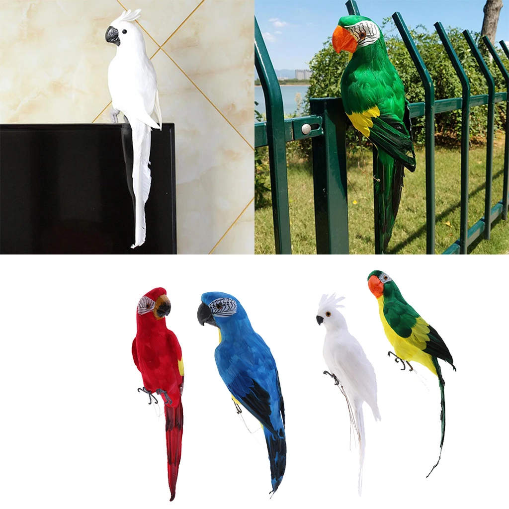 Set of 4 Feathered Realistic Parrot Home Garden Birds Decor Ornament