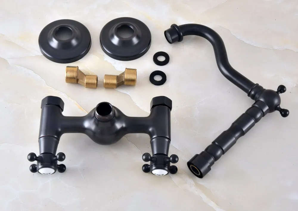 Black Oil Rubbed Bronze Brass Two Cross Handles Wall Mount Swivel Spout Kitchen & Bathroom Basin Sink Faucet Mixer Tap anf469