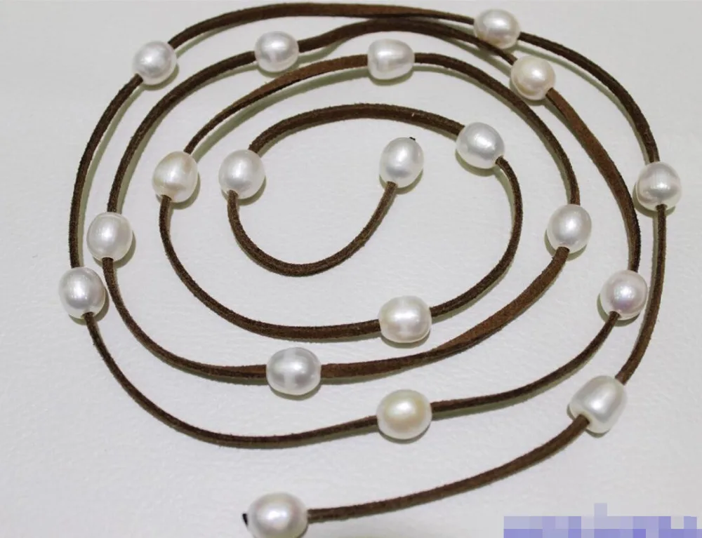

0002742 Dark Brown Leather long necklace white Freshwater pearl 48INCH 10x12mm