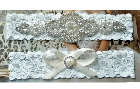 Wedding Bridal Garter Set Crystal Rhinestone & Pearl on a WHITE Lace Toss Garter