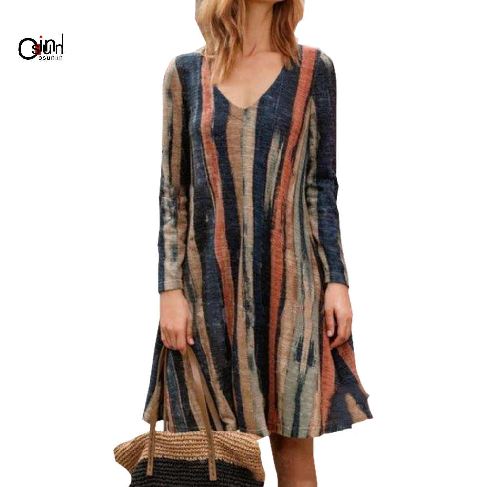 Osunlin 2019 летние женские повседневные платья с круглым вырезом и длинными рукавами