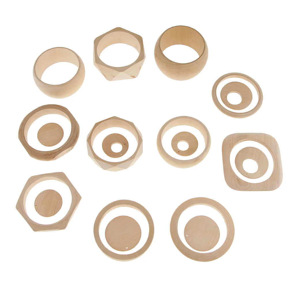 1 Set Natural Unfinished Assorted 11pcs Wood Cuff Bangle Geometric 8pcs Earrings Dangle DIY Craft Project Findings Kids Toy